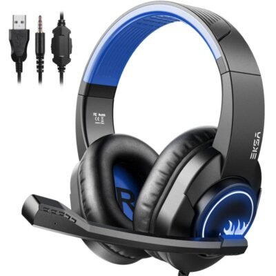 Eksa T8 Wired Over Ear Headphones With Mic With Noise Canceling, Pc With Surround Stereo Sound Led Light For Ps4, Pc, Laptop